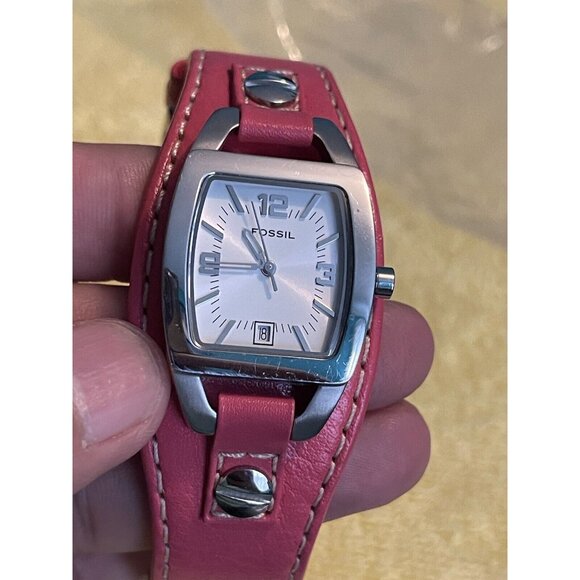 Fossil Women Watch Stainless Steel Pink Wide Leather Nylon Date White (Needs Bat - Picture 1 of 10